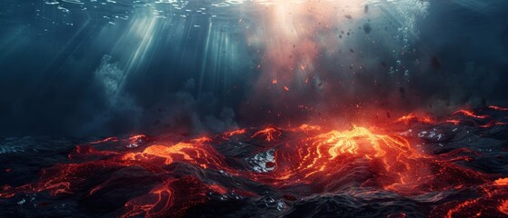 Deep-sea volcanic explosion, red magma glows in dark water. Volcanic ash floats as faint sunlight penetrates.