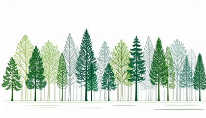 The image features a minimalist illustration of a diverse forest with varying tree types in different shades of green against a clean, white background, creating a simple yet elegant