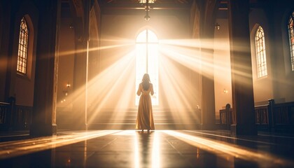 A woman stands silhouetted in a grand church doorway with stained glass windows, bathed in intense streams of sunlight, creating a scene of solemn beauty and spiritual