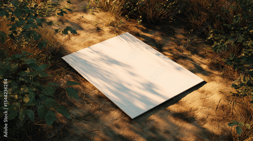 Poster blank canvas lying on a forest path with sunlight filtering through trees