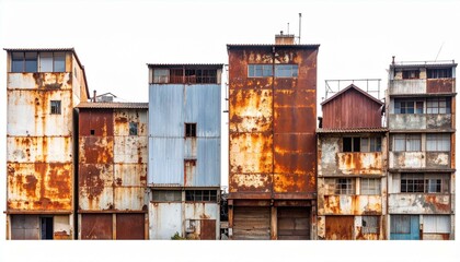 The image showcases a row of derelict, multi-story buildings with weathered facades, displaying rust and decay, set against a clear, bright white sky background, emphasizing their