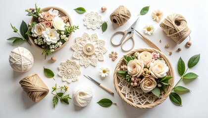 The image presents a bright, flat-lay arrangement of floral arrangements in baskets, yarn, crochet doilies, scissors, and decorative leaves, creating a crafting and floral