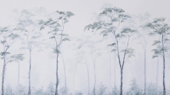 Elegant forest with tall trees and delicate leaves in misty atmosphere, minimalist gray tones and white background create serene and enchanting nature-inspired mural art design.