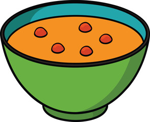 Cartoon illustration of a bowl of orange soup with red ingredients