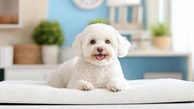 Fluffy Companion's Smile: A charming bichon frise, with a pristine white coat and a cheerful smile, reclines comfortably on a soft bed in a bright, inviting space.