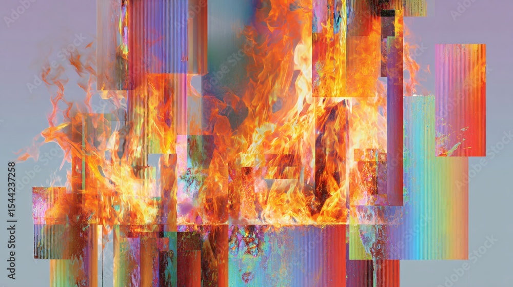 Poster abstract digital artwork depicts a fiery scene with fragmented rectangular shapes and vibrant colors