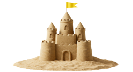 Sandcastle building at the beach summer vacation fun travel destination with yellow flag on top of the tower on transparent background