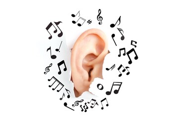 An ear surrounded by musical notes.