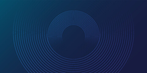 Abstract blue glowing geometric lines on dark blue background. Modern shiny blue circle lines pattern. Futuristic technology concept. Suit for cover, poster, banner, header, website.