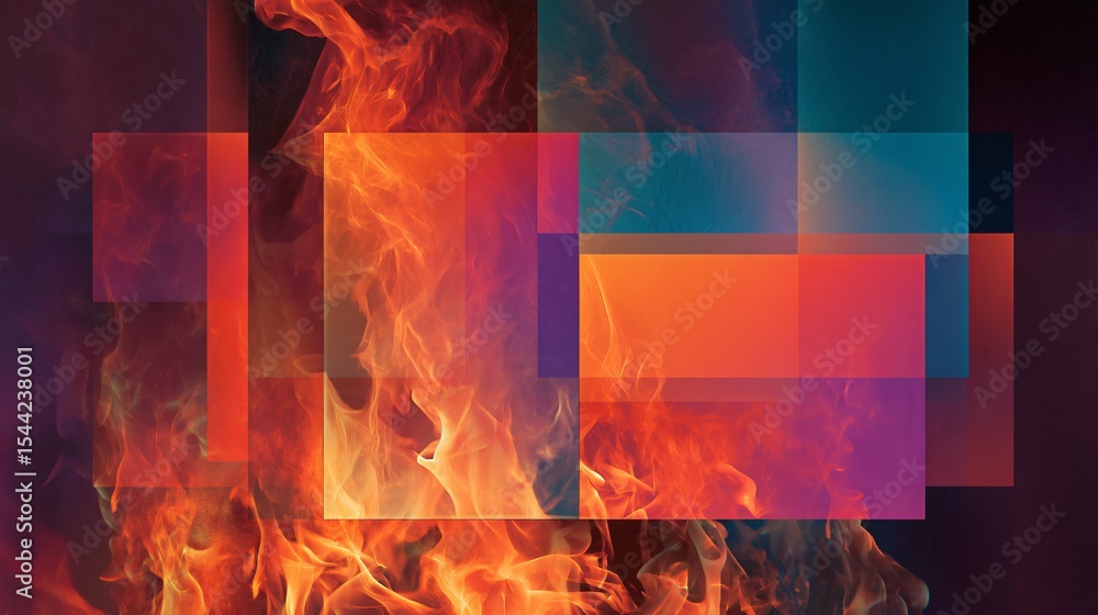Poster a visually arresting composition featuring overlapping rectangles and fiery glitch textures in