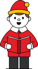 Cute cartoon boy in red christmas outfit singing from book