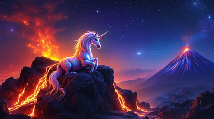 Shimmering unicorn rests atop volcanic rocks under a starlit sky near fiery volcanos