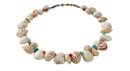 Seashell necklace jewelry fashion accessory beach style summer vacation coastal aesthetic handmade design on transparent background
