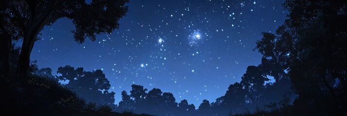 Fototapeta premium A dark blue night sky with stars and the Milky Way over a forest landscape. A vector illustration of a starry night sky with a galaxy, nebulae,