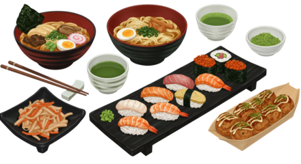 Assorted Japanese Cuisine Pixel Art Featuring Ramen Sushi Takoyaki Kinpira Gobo Matcha Bowls Isolated on a Transparent Background