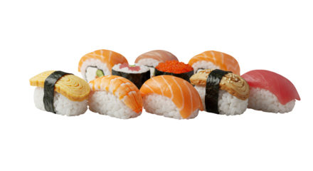 Assorted Sushi And Nigiri Featuring Salmon Tuna And Tamago on Transparent Background in Realistic Style Perfect For Culinary Presentation