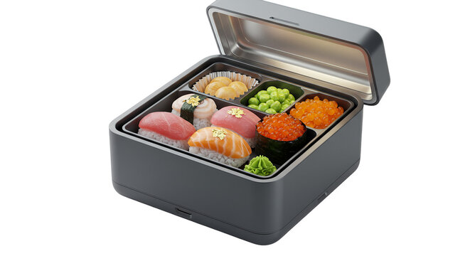 Assorted Sushi Bento Box 3D Render Featuring Tuna Salmon Sea Urchin and Ikura Against Transparent Background in Realistic Style for Clipart and Isolated Presentation