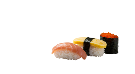 Assorted Sushi Platter Featuring Sake Nigiri Tamago Nigiri and Gunkan on Transparent Background For Culinary Presentation White Isolated Background Realistic Clipart