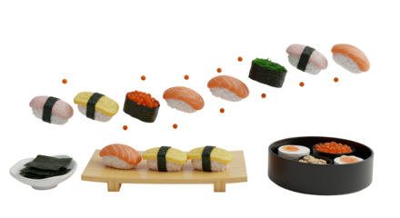 Assorted Sushi Selection Featuring Nigiri Tamago and Ikura on a Transparent Background Realistic 3D Render Isolated on White Culinary Theme with Traditional Japanese Cuisine