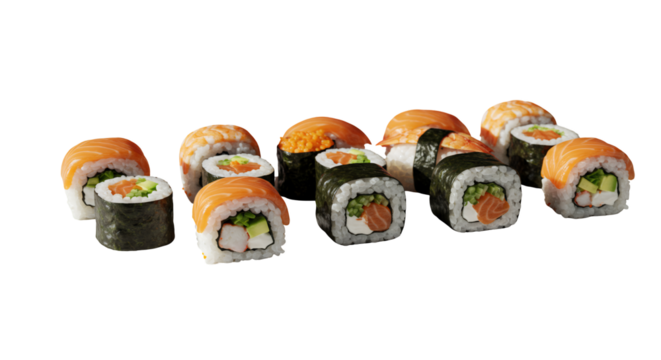 Assorted Sushi Rolls with Salmon and Nori Seaweed Realistic 3D Render on Transparent Background Food Clipart Isolated and Japanese Cuisine for Restaurant and Culinary Presentation