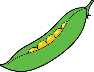 Single green pea pod with yellow peas cartoon illustration
