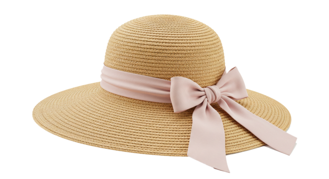 Stylish summer straw hat with ribbon bow for women fashion accessory and sun protection headwear on transparent background