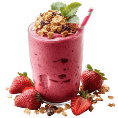 Delicious strawberry smoothie recipe with granola topping and mint for healthy breakfast drink ideas on transparent background