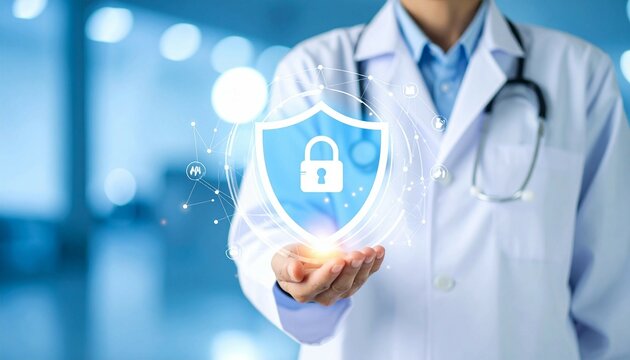 Doctor holds digital shield with lock icon, symbolizing medical data privacy concept. Secure health information, patient data protection, confidentiality, telemedicine, healthcare technology. 