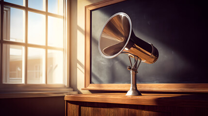 Vintage megaphone on wooden podium, evoking timeless communication and authority