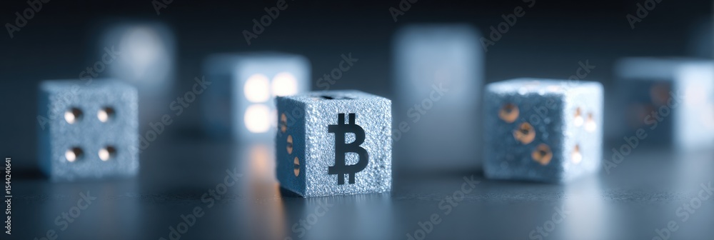 Poster cryptocurrency icon rolling on screen like dice in a minimalistic setting with abstract background