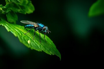 Vibrant Blue Robber Fly Perched on Lush Green Leaf Dark Background Macro Photography Insect Wildlife Nature