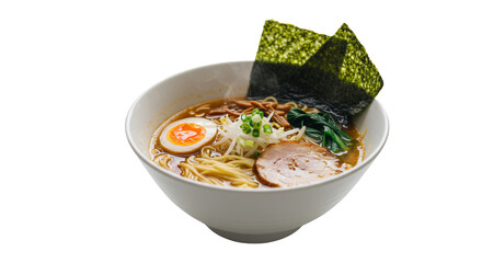 Delicious Ramen Bowl with Chashu Egg Spinach and Nori in White Bowl on Transparent Background Realistic Isolated Japanese Cuisine Noodle Soup Clipart Cutout
