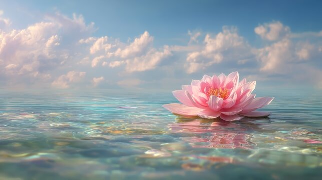 Serene Lake with Floating Pink Flower Under Bright Fluffy Clouds - Powered by Adobe