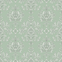 Fototapeta premium The rococo damask, a colorless pattern with a light green background, a light gray pattern, a vector pattern used for wallpapers, tiles, etc.