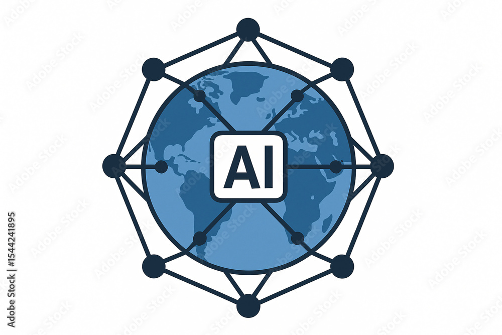 Poster a graphic of a blue globe with ai in the center connected by a network of lines and nodes on white