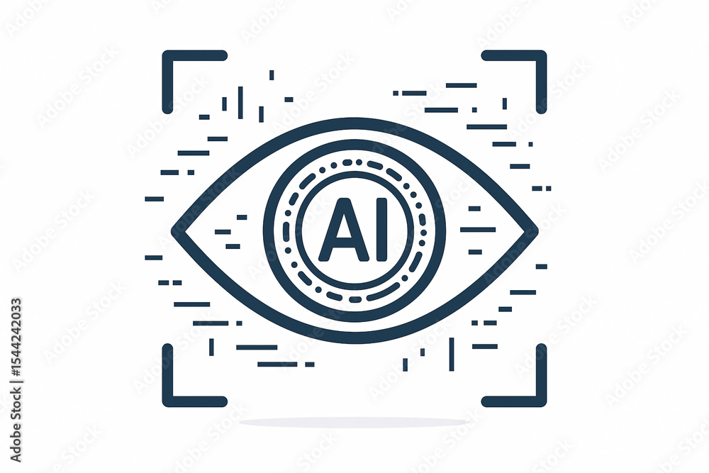Poster a stylized ai eye with a circular iris and a square frame on a white background in a minimalist desi