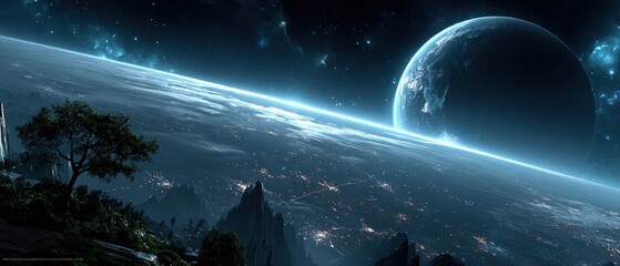 Cosmic vista of a distant planet with a lone tree