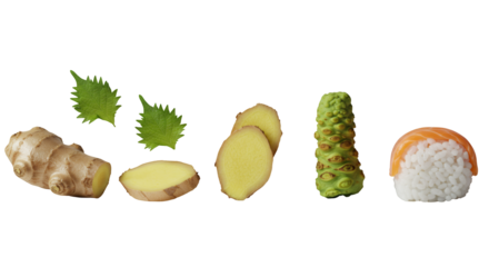 Fresh Ginger Root with Wasabi and Salmon Nigiri Sushi on Transparent Background Japanese Cuisine Still Life