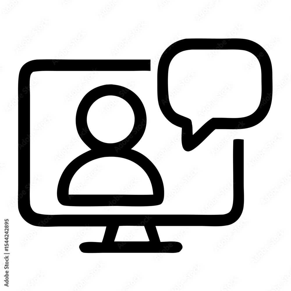 Poster outline simple person on computer screen with speech bubble icon