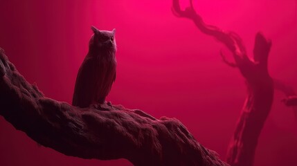 Mysterious owl perched on branch in enigmatic forest digital art surreal environment captivating viewpoint