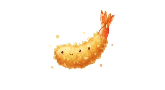Golden Brown Ebi Tempura Shrimp with Kawaii Face in 2D Illustration on Transparent Background Perfect for Culinary or Cute Japanese Cuisine Themed Projects