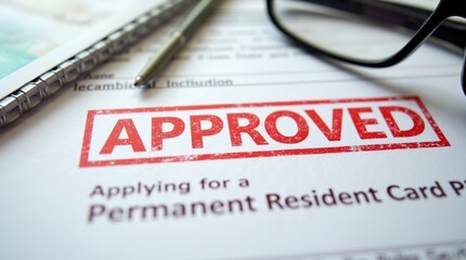 Approved permanent resident application form close-up with accessories on desk