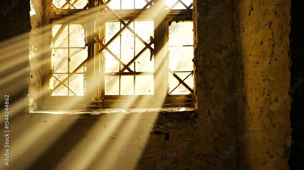 Poster rays of sunlight streaming through a dusty window in an abandoned room, creating a serene atmosphere