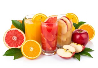 Fresh Fruit Juice with Sliced Citrus and Apple on White Background