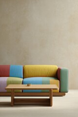 A modern interior with a colorful sofa and wooden coffee table against a beige wall background. Minimalist home decor, Scandinavian-style interior design.