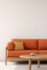 A modern interior with a colorful sofa and wooden coffee table against a beige wall background. Minimalist home decor, Scandinavian-style interior design.