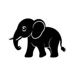 Obraz premium Profile silhouette of an elephant walking forward with trunk and tail raised, in a black icon style.