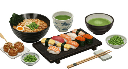 Pixel Art Display of Japanese Cuisine Featuring Ramen Sushi Matcha Edamame Takoyaki on Transparent Background Realistic Isolated White Image