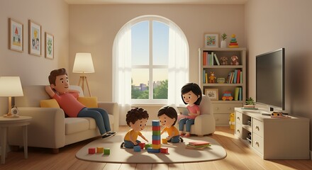 Obraz premium Family playing inside home on sunny day