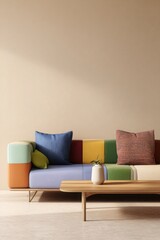 A modern interior with a colorful sofa and wooden coffee table against a beige wall background. Minimalist home decor, Scandinavian-style interior design.